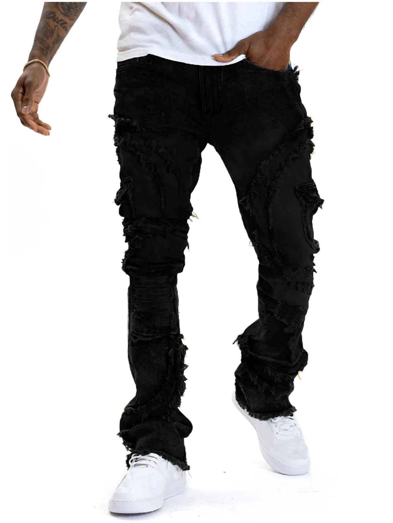 men's casual jeans, street punk fashion, retro, ripped hole, slightly flared tassel elastic jeans