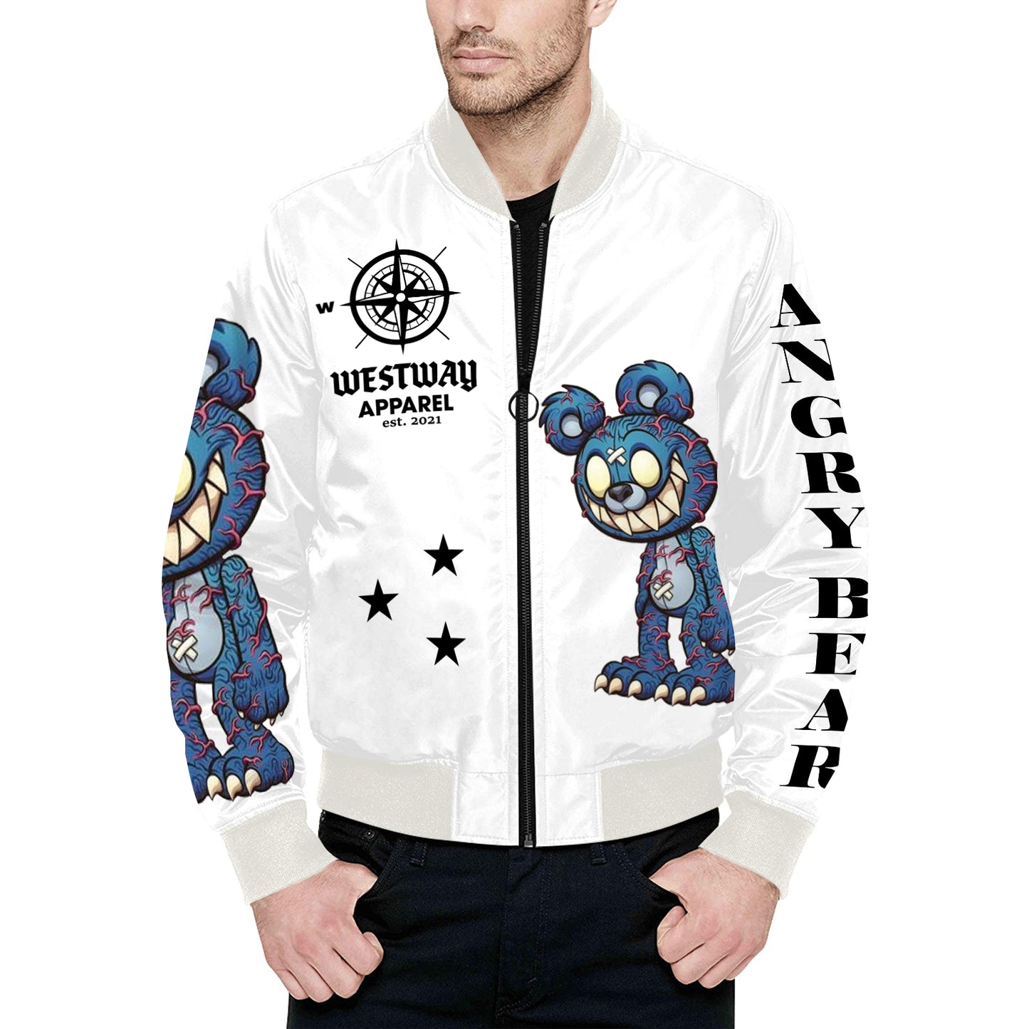 Angry Bear Men's All Over Print Quilted Bomber Jacket(Model H33)