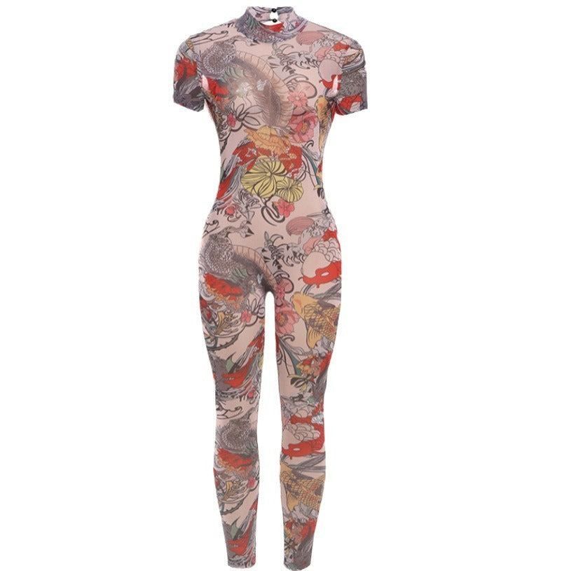 Women's Backless Fashion Printed Sheer Mesh Jumpsuit