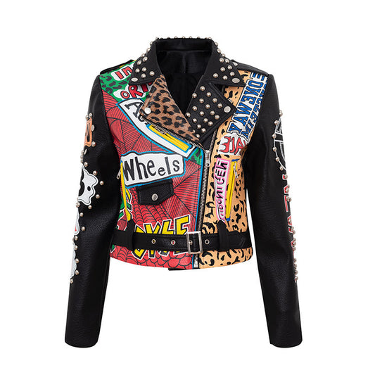 Chain Leather Jacket Printed Half  Collar Stud Cropped Top Slim