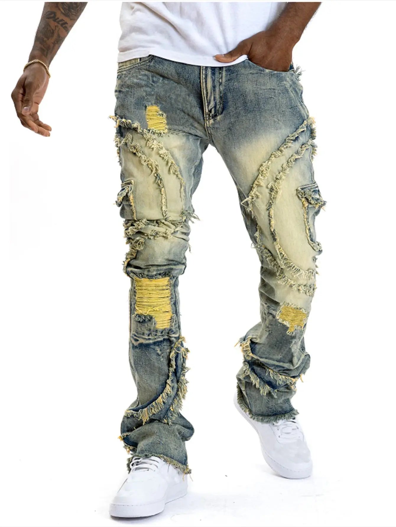 men's casual jeans, street punk fashion, retro, ripped hole, slightly flared tassel elastic jeans