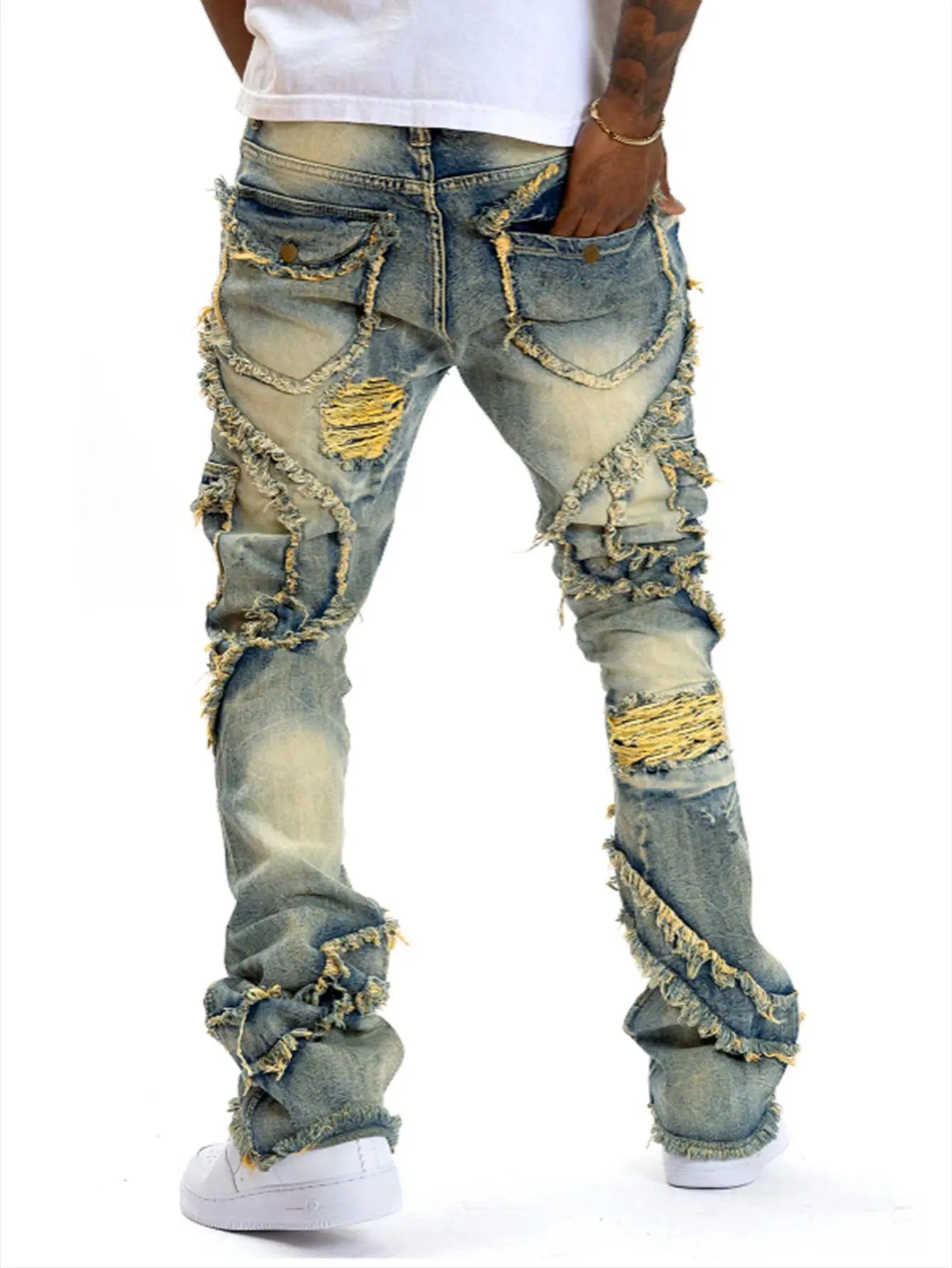 men's casual jeans, street punk fashion, retro, ripped hole, slightly flared tassel elastic jeans