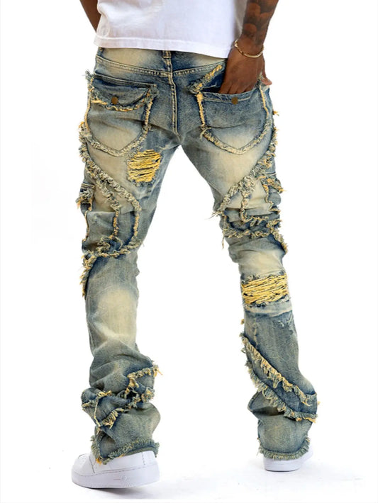 men's casual jeans, street punk fashion, retro, ripped hole, slightly flared tassel elastic jeans